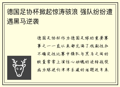 德国足协杯掀起惊涛骇浪 强队纷纷遭遇黑马逆袭