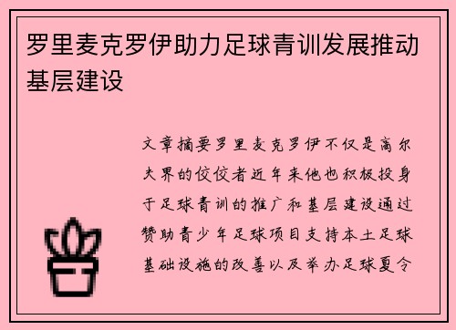 罗里麦克罗伊助力足球青训发展推动基层建设