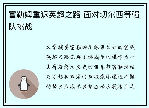富勒姆重返英超之路 面对切尔西等强队挑战